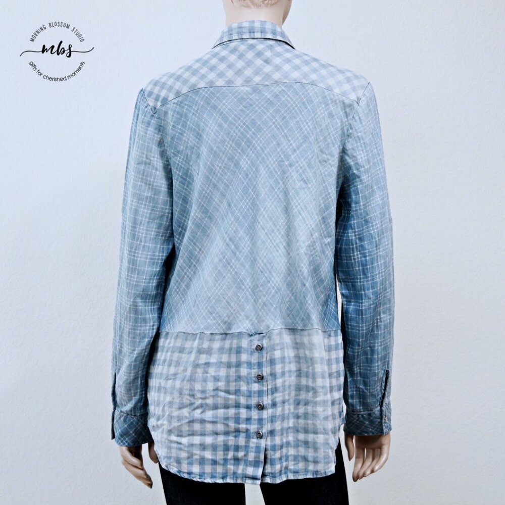 NWOT Korye Checkered Plaid Long Sleeve Roll Tab Button Down Shirt Blue Women XL - Picture 7 of 13